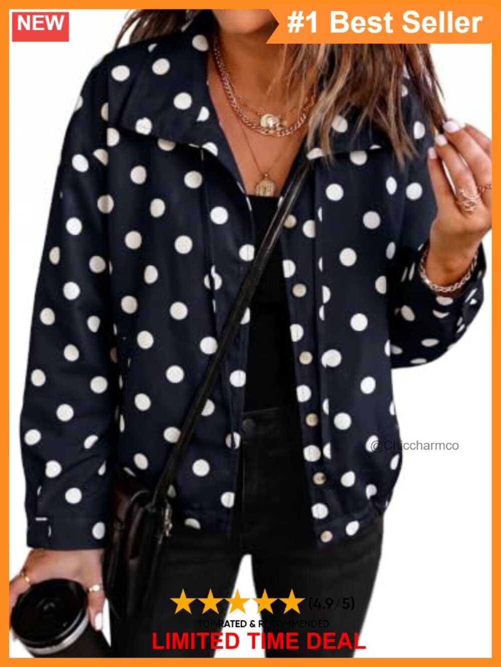 Polka Dot Funnel Neck Drawstring Button Down Cropped Jacket